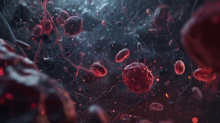 Aufkleber - Red and dark-colored virus particles and cells float in a dark background with light reflecting off their surfaces.
