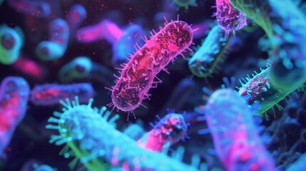 Fototapete - A close-up view of bacteria, with a focus on one large, pink and purple bacterium, surrounded by other, smaller, blue and green bacteria.