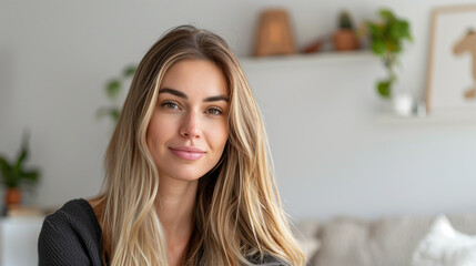 Wall Mural - Happy Woman in Living Room Interior with Long Blond Hair and Make-up. Lifestyle Photography Indoor. Beauty, smiling, face, casual 