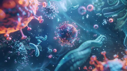 Aufkleber - A close-up view of a coronavirus with several other microbes in the background. The virus is in focus and is surrounded by a blue glow.