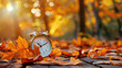 © Thanos - Close-Up of Alarm Clock and Vibrant Orange Leaves on Wooden Background