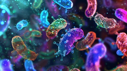 Fototapete - A close-up, digital illustration of colorful bacteria. The bacteria are depicted in various shades of blue, pink, purple, and green, with a dark blue background and some sparkling light effects.