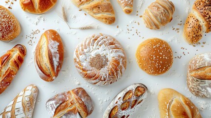 Wall Mural - Realistic photography, top view of a clean surface which has traditional bakery items on it