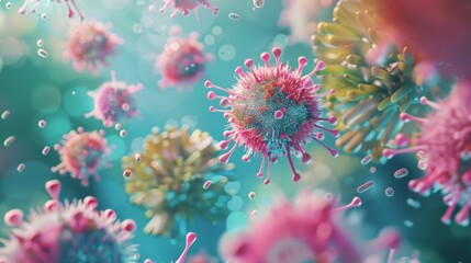 Fototapete - A close-up, digital rendering of virus particles in various colors floating in a blue background.