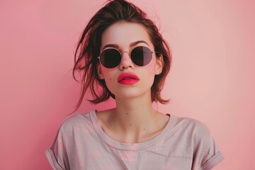 Wall Mural - Portrait of a content woman in her 30s wearing a trendy sunglasses in front of pastel or soft colors background
