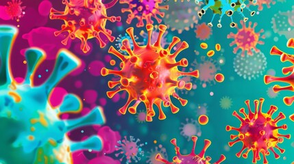 Aufkleber - Close-up illustration of colorful spiky viruses on teal background. Colors include red, orange, yellow, blue.