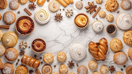 Wall Mural - Realistic photography, top view of a clean surface which has traditional bakery items on it