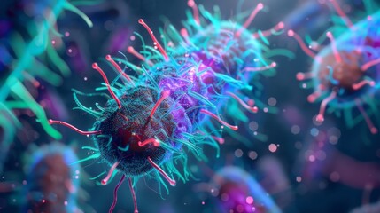 Aufkleber - A close-up, microscopic view of a virus with spiky protrusions, rendered in vibrant shades of blue, purple, and red.