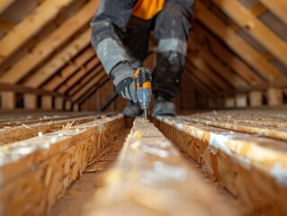 Construction worker using a power drill to attach wooden beams in an attic.