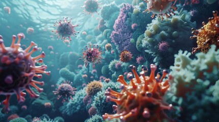 Fototapete - A digital illustration depicting a microscopic view of virus particles resembling coral reefs in an underwater setting.