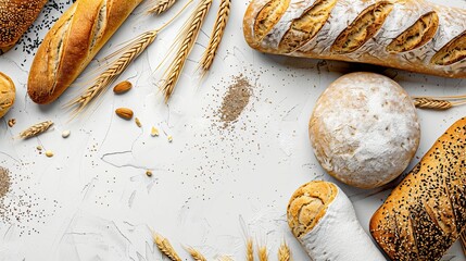 Wall Mural - Realistic photography, top view of a clean surface which has traditional bakery items on it