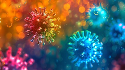 Leinwandbilder - A digital illustration of colorful viruses with a bokeh background.