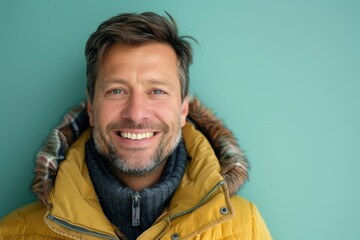 Wall Mural - Portrait of a happy caucasian man in his 40s wearing a warm parka in front of pastel or soft colors background