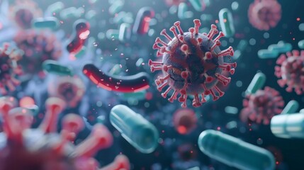 Aufkleber - A 3D rendering of a virus surrounded by various other microorganisms, including bacteria and viruses. The scene is set against a blue background with a soft light source.