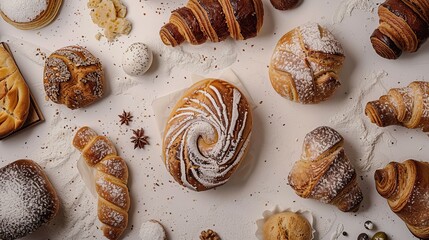 Wall Mural - Realistic photography, top view of a clean surface which has traditional bakery items on it