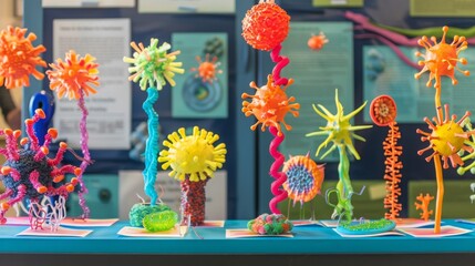 Poster - Colorful models of viruses on display, arranged on a blue table with white cards.