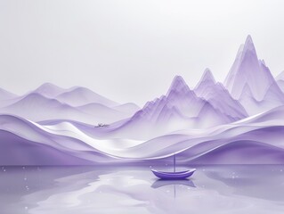 Wall Mural - The undulating white-Purple gradient satin brocade,Minimalism, large areas of white space, mountain shape, water reflection, perspective aesthetics,soft gradient colors, a minimalist painting from anc