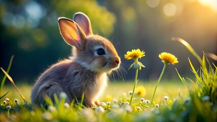 Cute baby rabbit sitting in grass, looking at flower generated by AI