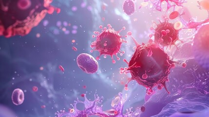 Poster - A colorful 3D rendering depicts several viruses and red blood cells floating within a light purple fluid.