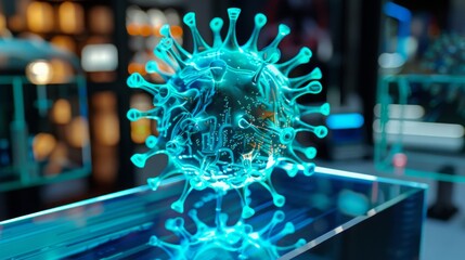 Aufkleber - A 3D model of a blue coronavirus rests on a glass surface.