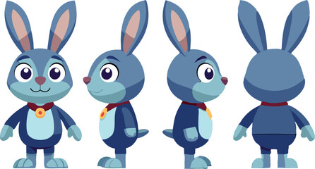 A blue rabbit with a red collar is shown in four different poses