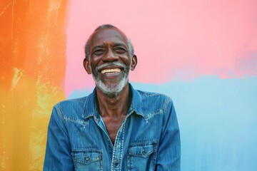 Portrait of a joyful afro-american man in his 60s sporting a versatile denim shirt in front of pastel or soft colors background