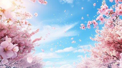 Wall Mural - trees and cherry blossoms against a blue sky background. Generative ai