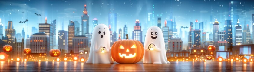 Wall Mural - Cute cartoon ghost detectives investigating a neon-lit pumpkin mystery in a futuristic city