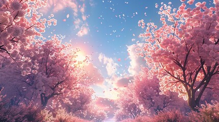 Wall Mural - trees and cherry blossoms against a blue sky background. Generative ai