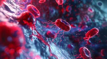Fototapete - A microscopic view of red blood cells and bacteria floating in a liquid medium.