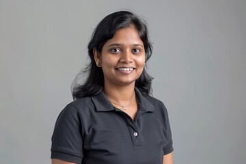 Wall Mural - Portrait of a glad indian woman in her 30s donning a classy polo shirt in minimalist or empty room background