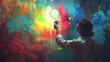 © domi002 - Person standing triumphant in front of abstract art, symbolizing creative breakthrough and inspiration.