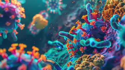 Poster - A close-up, microscopic view of several colorful viruses, with spikes and various shapes, against a dark blue background.