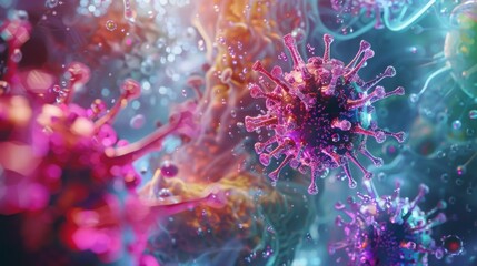 Poster - A colorful 3D illustration of coronavirus particles, showing the intricate structure of the virus.