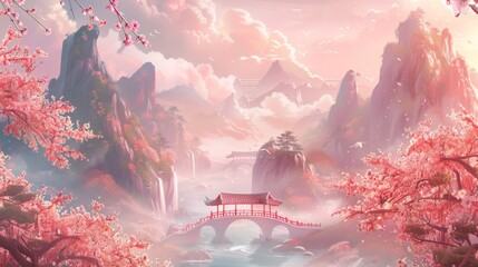 Wall Mural - A Chinese style cartoon background, featuring mountains and water with misty clouds in the sky, with peach blossoms blooming on trees beside them