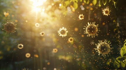 Fototapete - Golden virus particles float in a warm, sunny forest scene with green leaves out of focus in the background.
