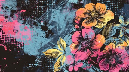 Wall Mural - abstract background with halftone flowers bouquet and botanical elements for greeting card and texti