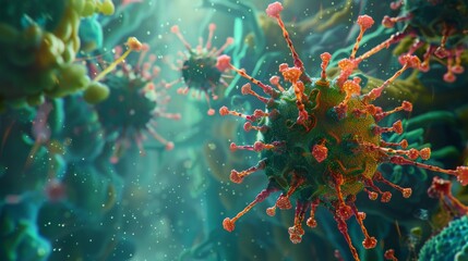 Aufkleber - A close-up view of a coronavirus particle, with its spiky exterior and intricate structure, is shown in this image.