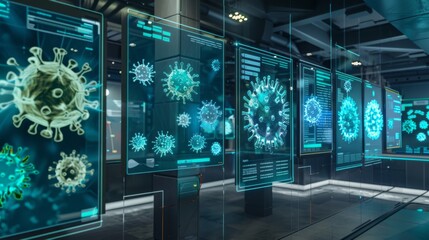 Poster - Several large, digital screens display images of the coronavirus in a futuristic laboratory.
