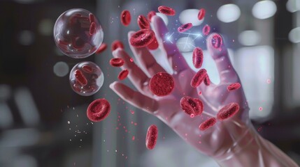 Aufkleber - A hand reaches out through a field of red blood cells, which appear to be floating in the air.