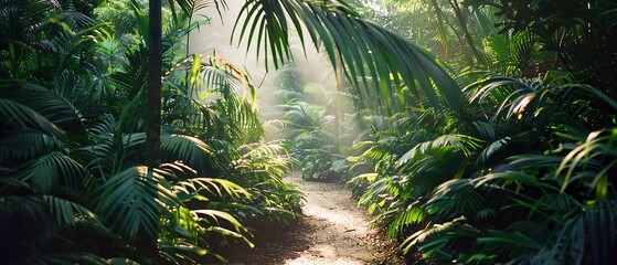 Wall Mural - Serene tropical, lush greenery, early morning, soft natural light, tranquil mood