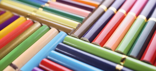 Close-up of bunch of colored pencils placed in creative order close to each other. All colours for bright imagination. Create masterpiece, idea concept