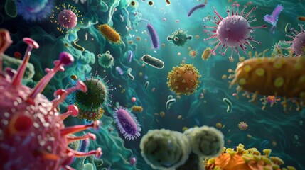 Fototapete - An illustration depicting a variety of bacteria and viruses in a microscopic environment, showcasing their diverse shapes and colors.
