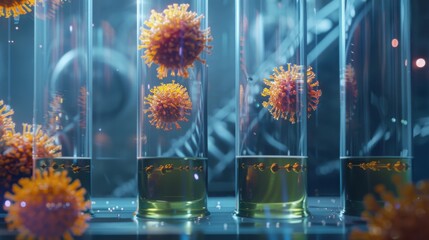 Aufkleber - Several test tubes containing liquid and orange-colored coronavirus samples in a laboratory setting.