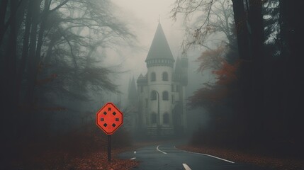 Poster - an old white castle in the foggy forest