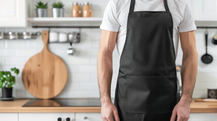 Sticker - Man wearing black apron mock up in the modern kitchen, chef uniform for cooking