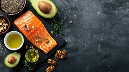 Wall Mural - Top view of omega-3 sources: avocado, salmon, walnuts, and flaxseed, healthy fats, long banner