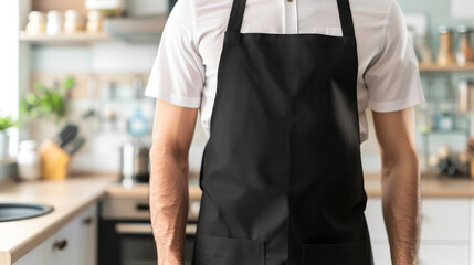 Wall Mural - Man wearing black apron mock up in the modern kitchen, chef uniform for cooking