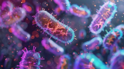 Fototapete - A close-up view of colorful bacteria, seen in a microscopic view, with a dark background.