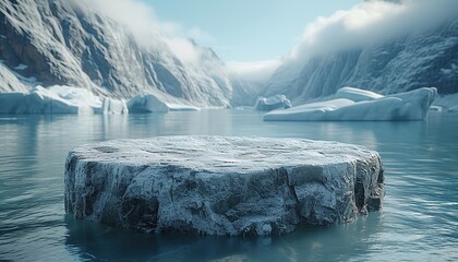 Wall Mural - An advertising podium for advertising goods, a round stone podium of a glacier, water and rocks, a sea with splashes of waves and a water surface